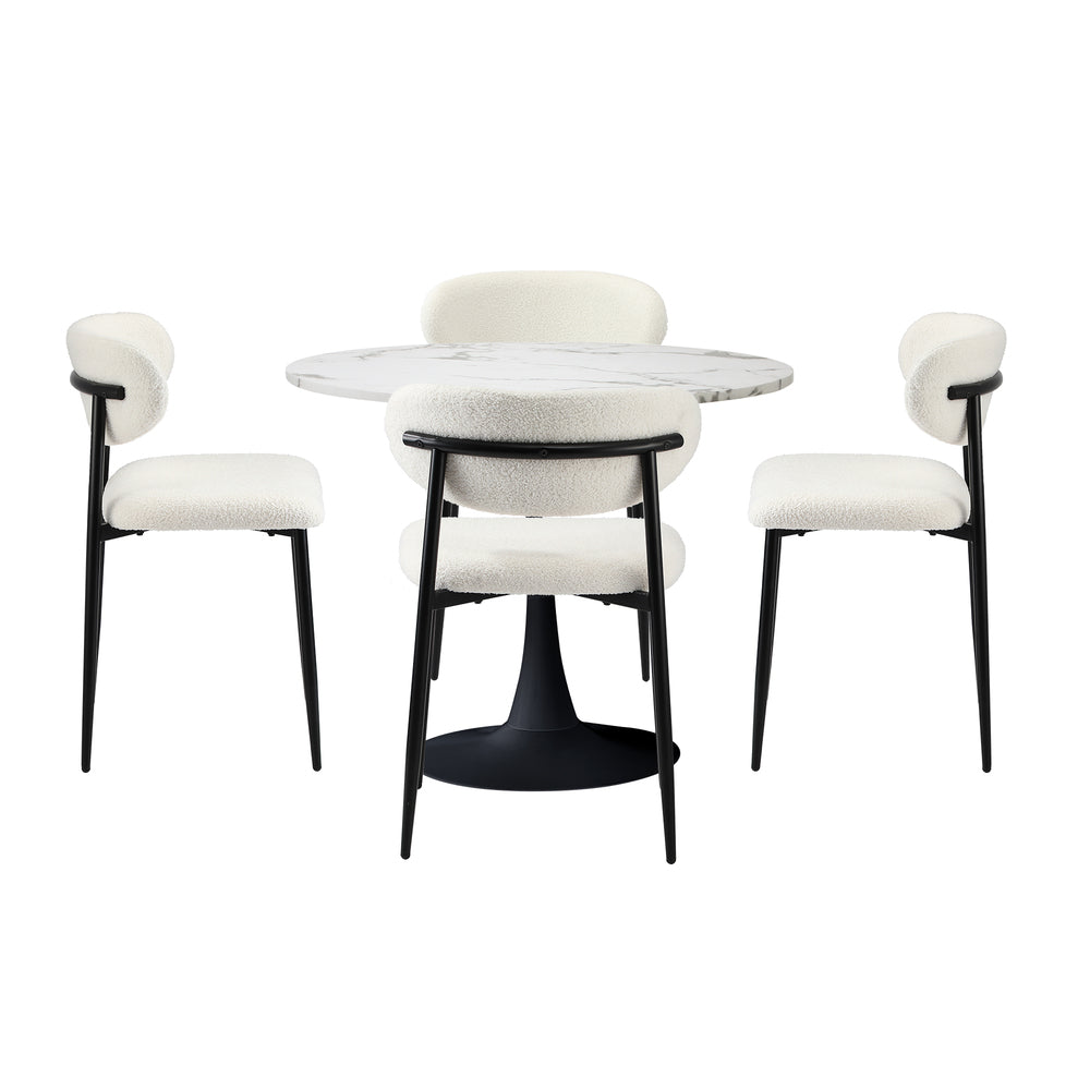 90cm Round Dining Table with 4x Dining Chairs Boucle White