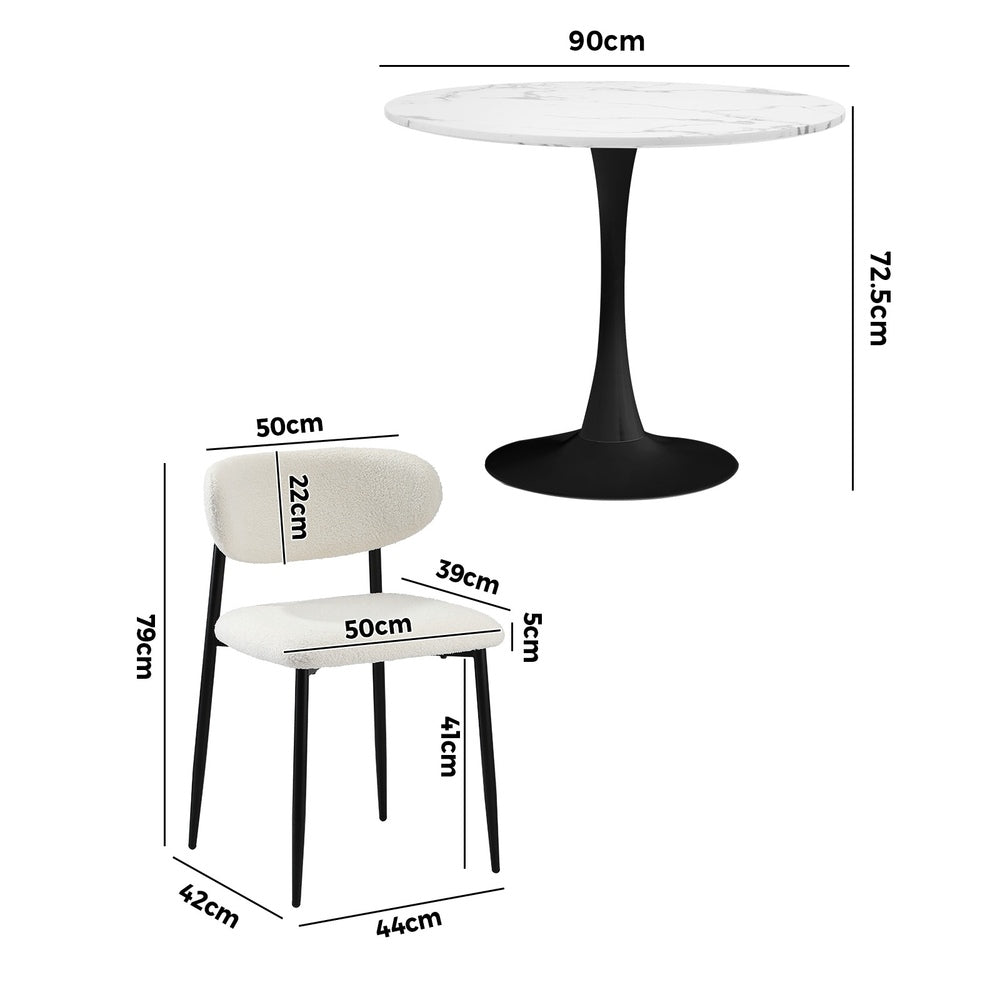 90cm Round Dining Table with 4x Dining Chairs Boucle White