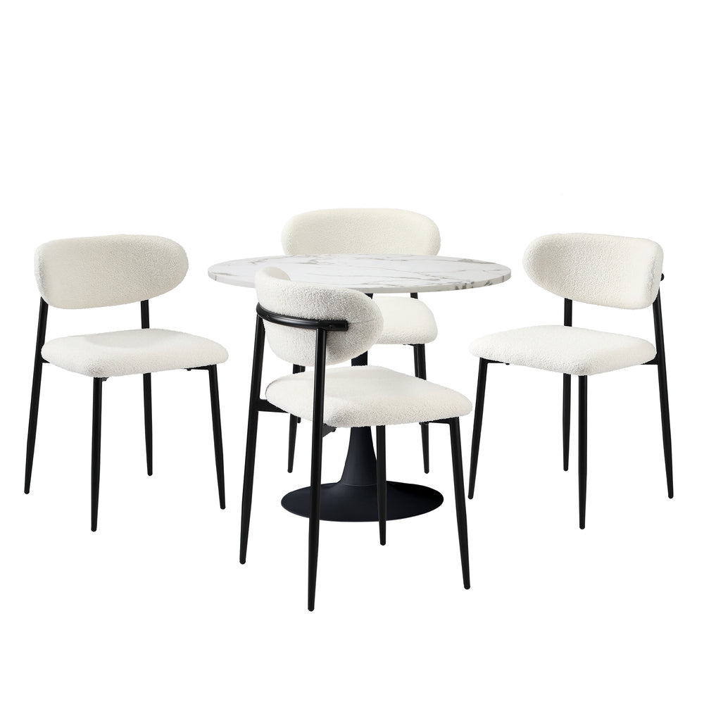 90cm Round Dining Table with 4x Dining Chairs Boucle White