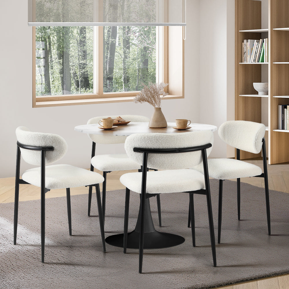 90cm Round Dining Table with 4x Dining Chairs Boucle White