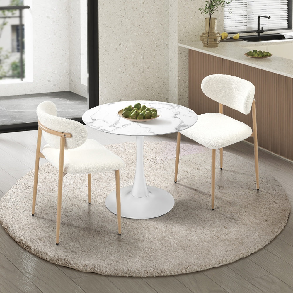 60cm Round Dining Table with 2x Dining Chairs Boucle White