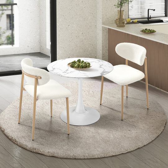 60cm Round Dining Table with 2x Dining Chairs Boucle White