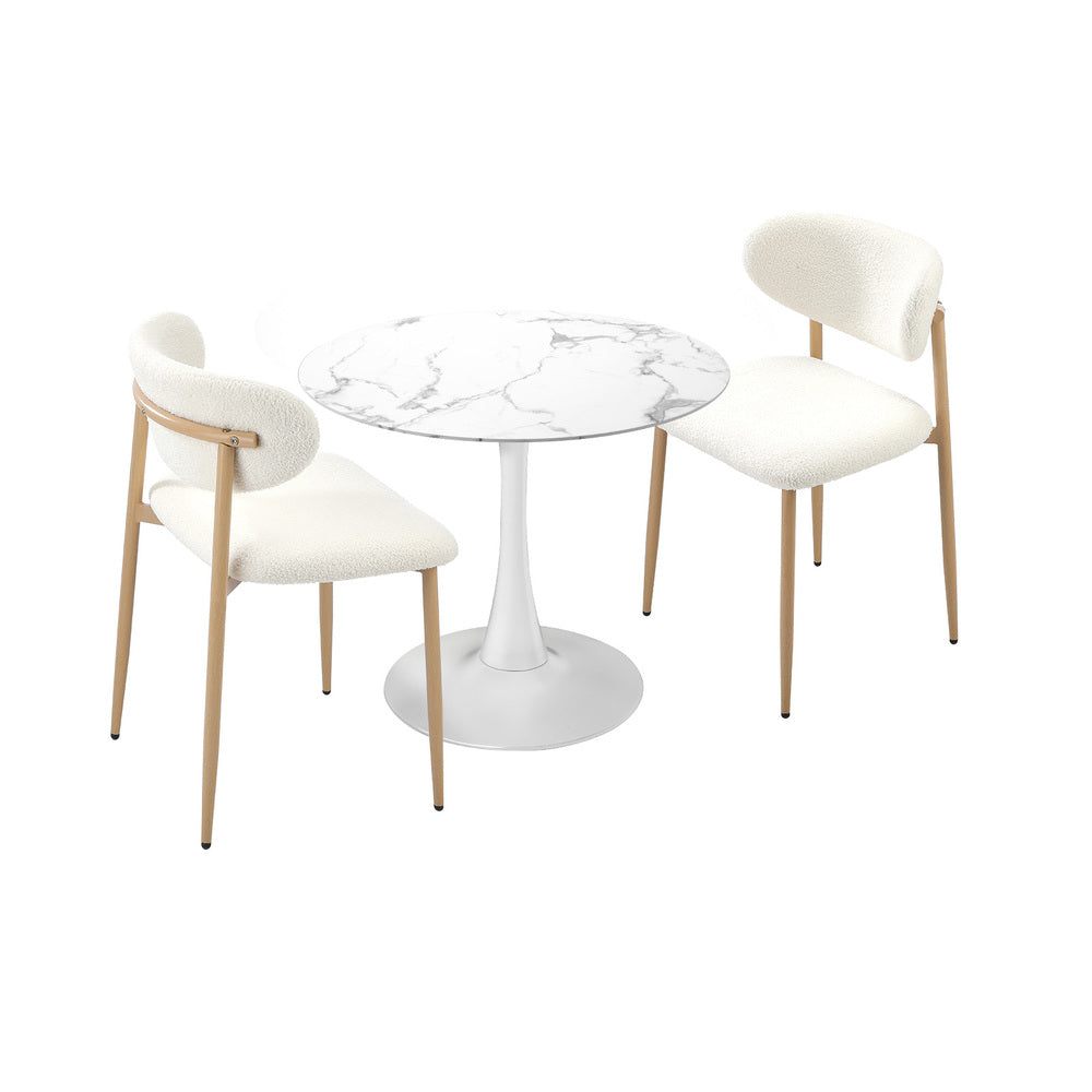 60cm Round Dining Table with 2x Dining Chairs Boucle White