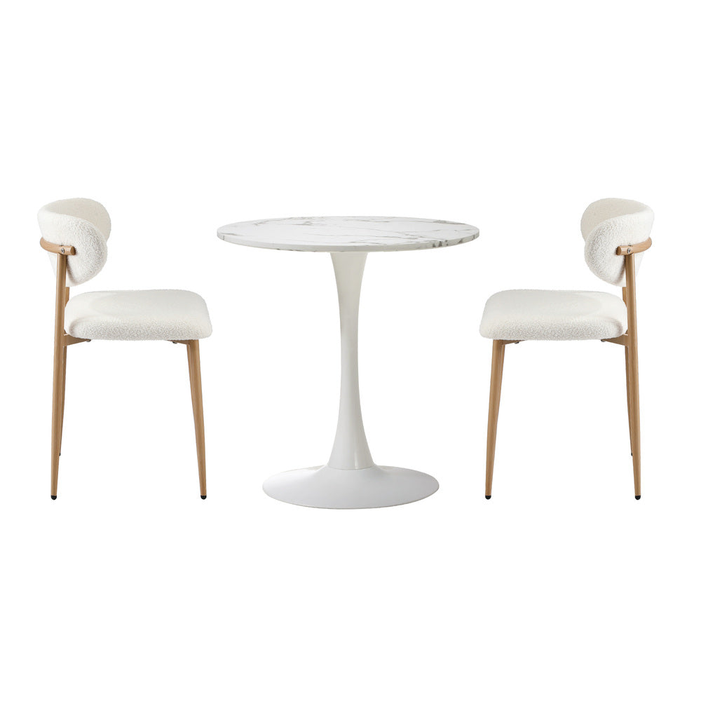 60cm Round Dining Table with 2x Dining Chairs Boucle White