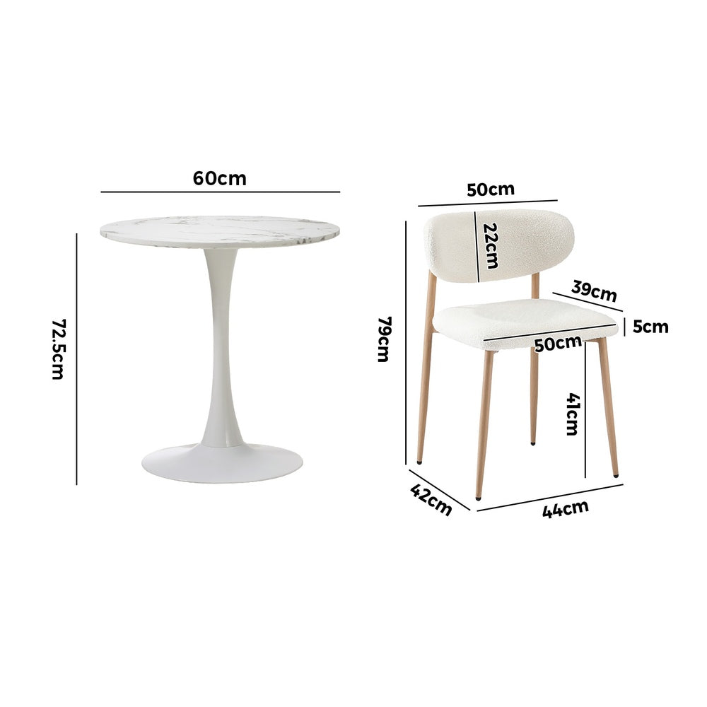 60cm Round Dining Table with 2x Dining Chairs Boucle White