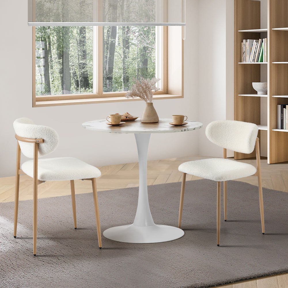 60cm Round Dining Table with 2x Dining Chairs Boucle White