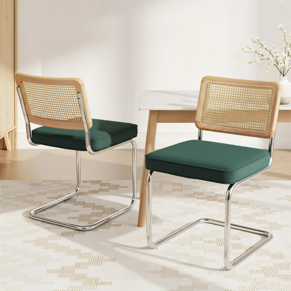 Dining Chairs Set Of 2 Velvet Rattan Cantilever Green Velvet | Green colour