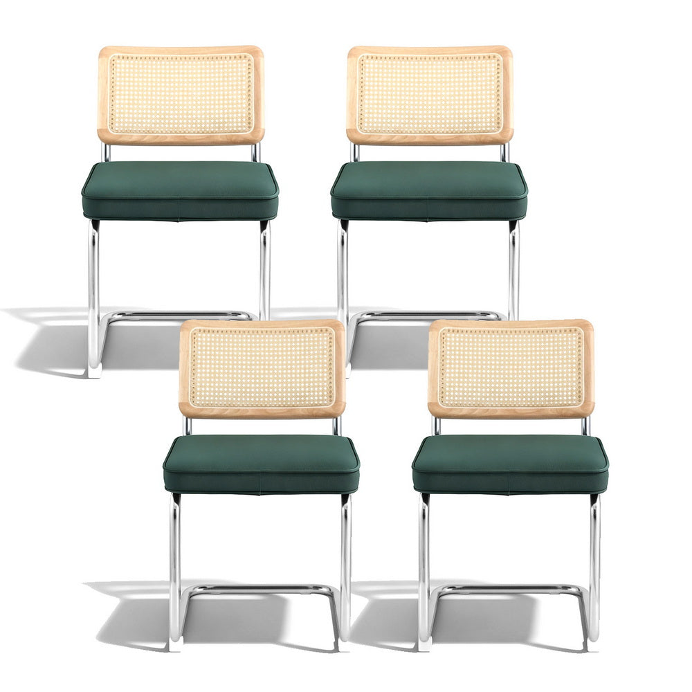 Kitchen & Dining Chairs - Dining Chairs Set Of 4 Velvet Rattan Cantilever Green Velvet