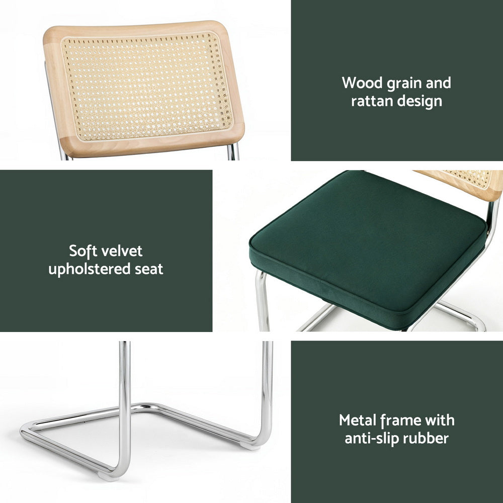 Dining Chairs Set Of 4 Velvet Rattan Cantilever Green Velvet | Kitchen & Dining Chairs