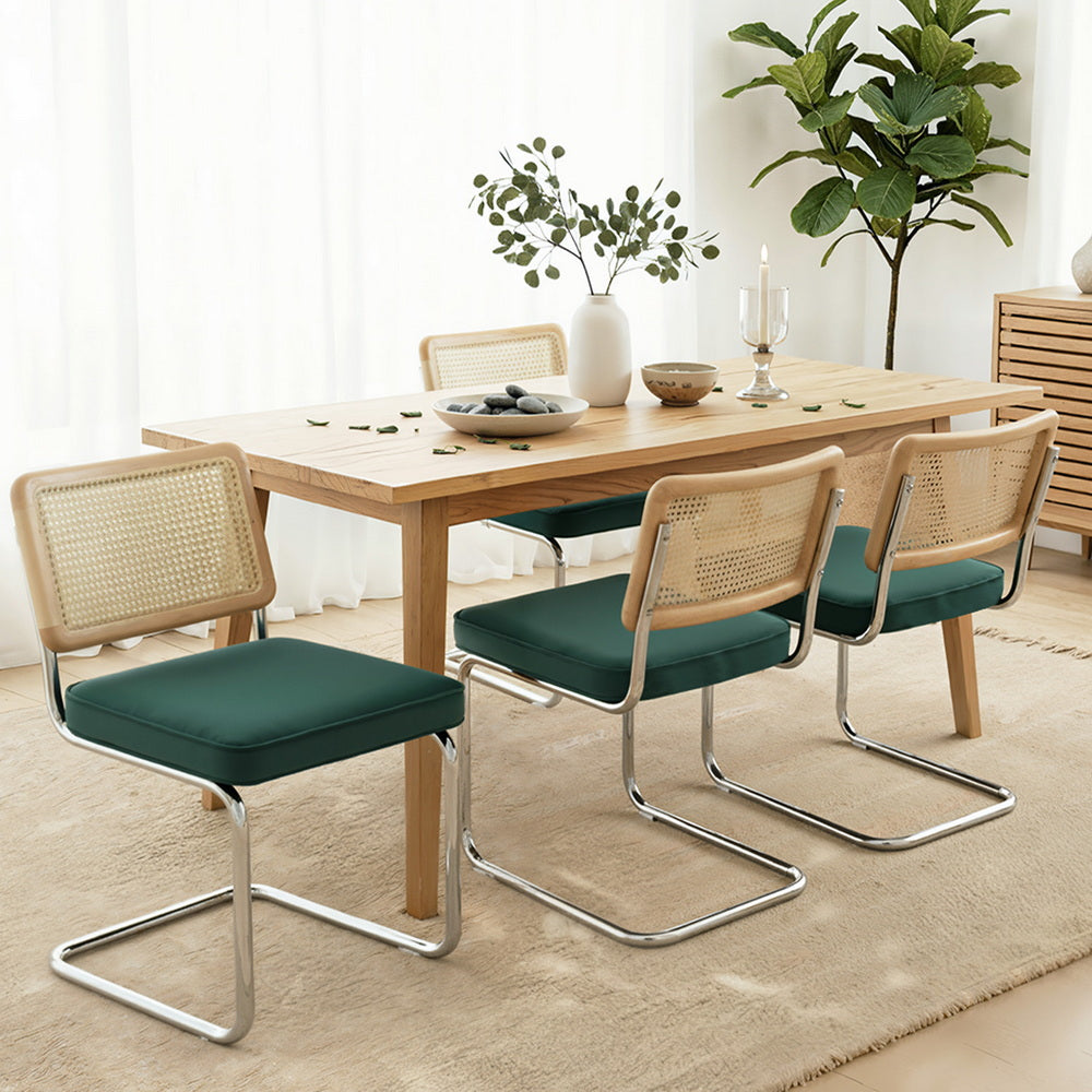 Dining Chairs Set Of 4 Velvet Rattan Cantilever Green Velvet | Green colour