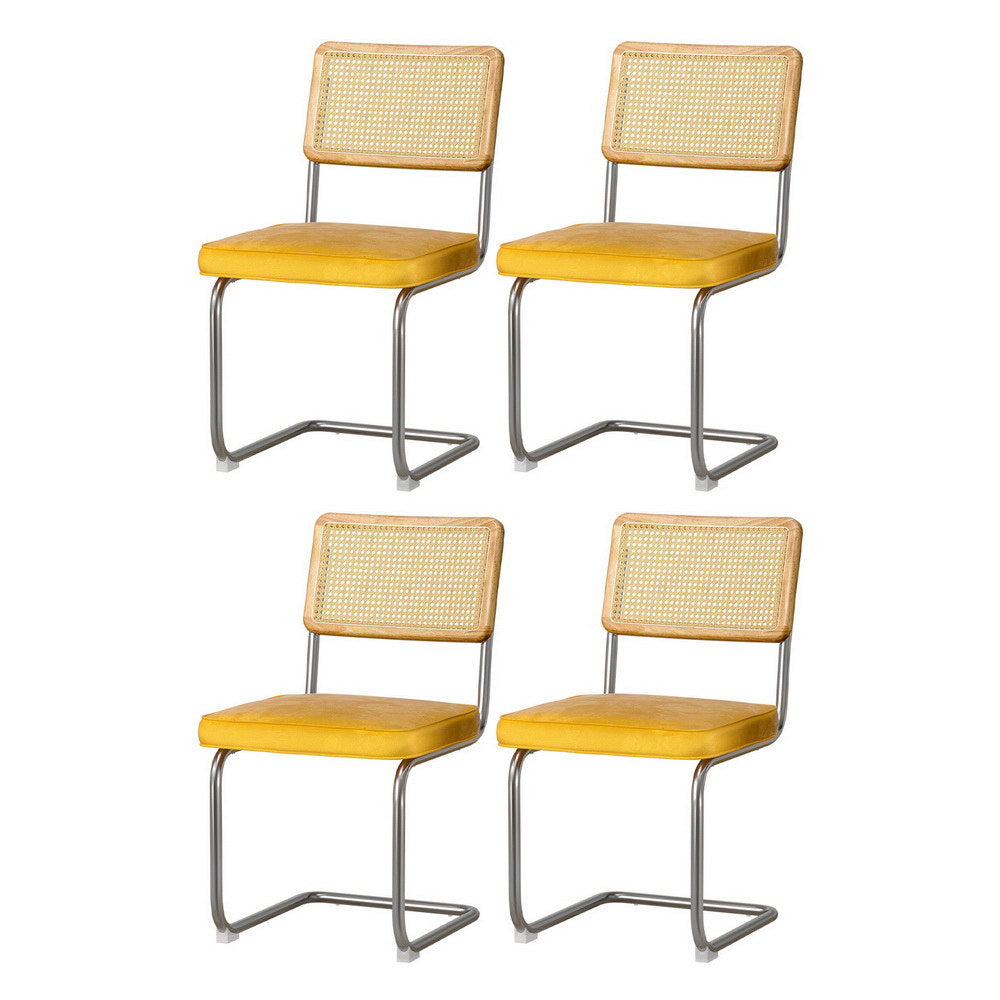 Yellow Velvet Rattan Dining Chairs Set of 4 Cantilever Kitchen Seating