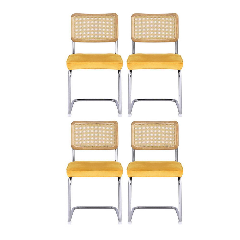 Yellow Velvet Rattan Dining Chairs Set of 4 Cantilever Kitchen Seating