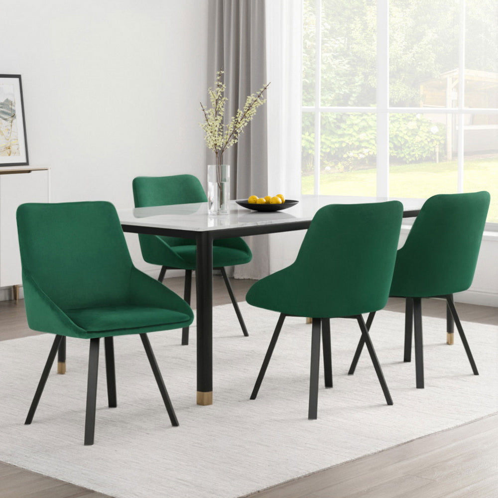 Set of 4 Green Velvet Dining Chairs with Swivel Base – Elegant Upholstered Chairs