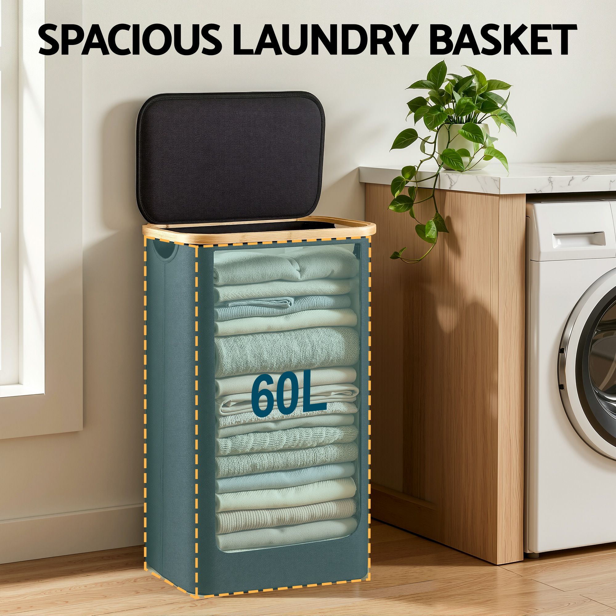 Artiss 60L Foldable Laundry Basket Bamboo Lid | Simpledeals