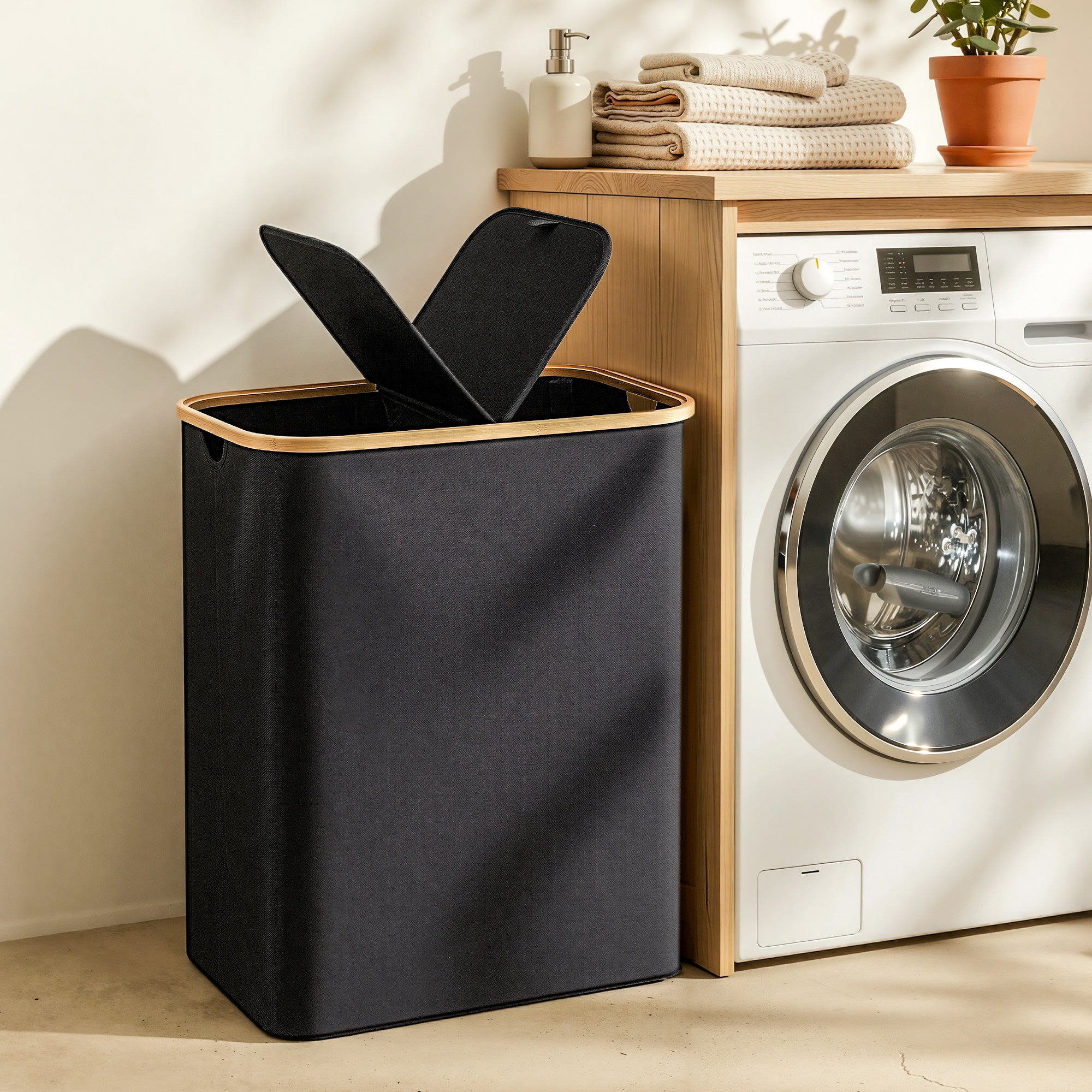Artiss 2 Section Laundry Basket Foldable Black | Simpledeals