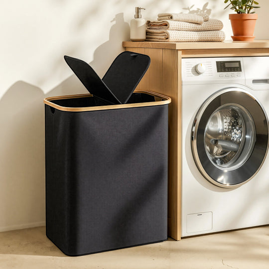 2 Section Laundry Basket Foldable Black