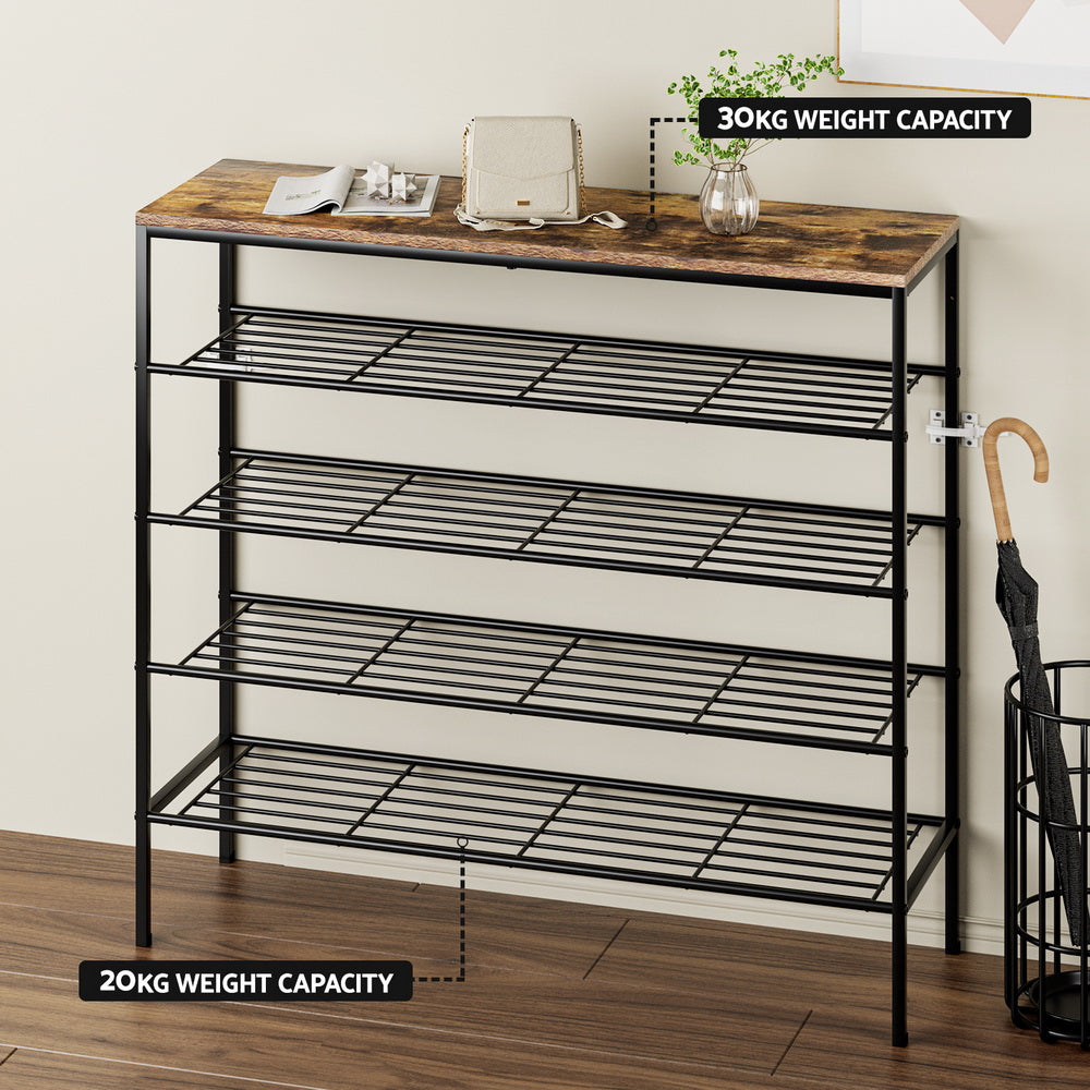 5 Tier Shoe Rack 25 Pairs Walnut Bob Industrial Metal Frame Shoe Storage Organizer Shelf Cabinet