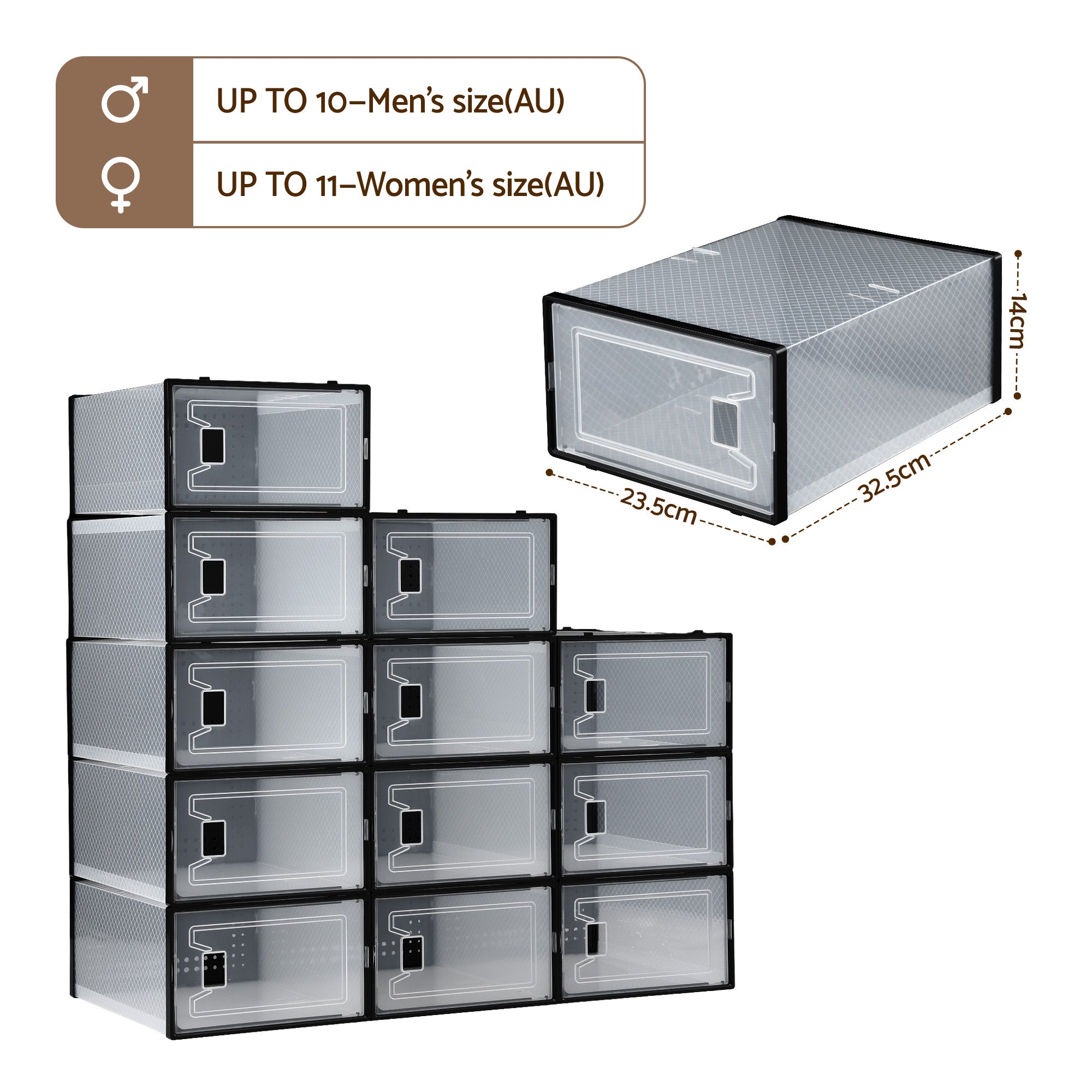 Stackable Shoe Storage Boxes Set of 12 Black Clear Organizers 23.5x32.5cm