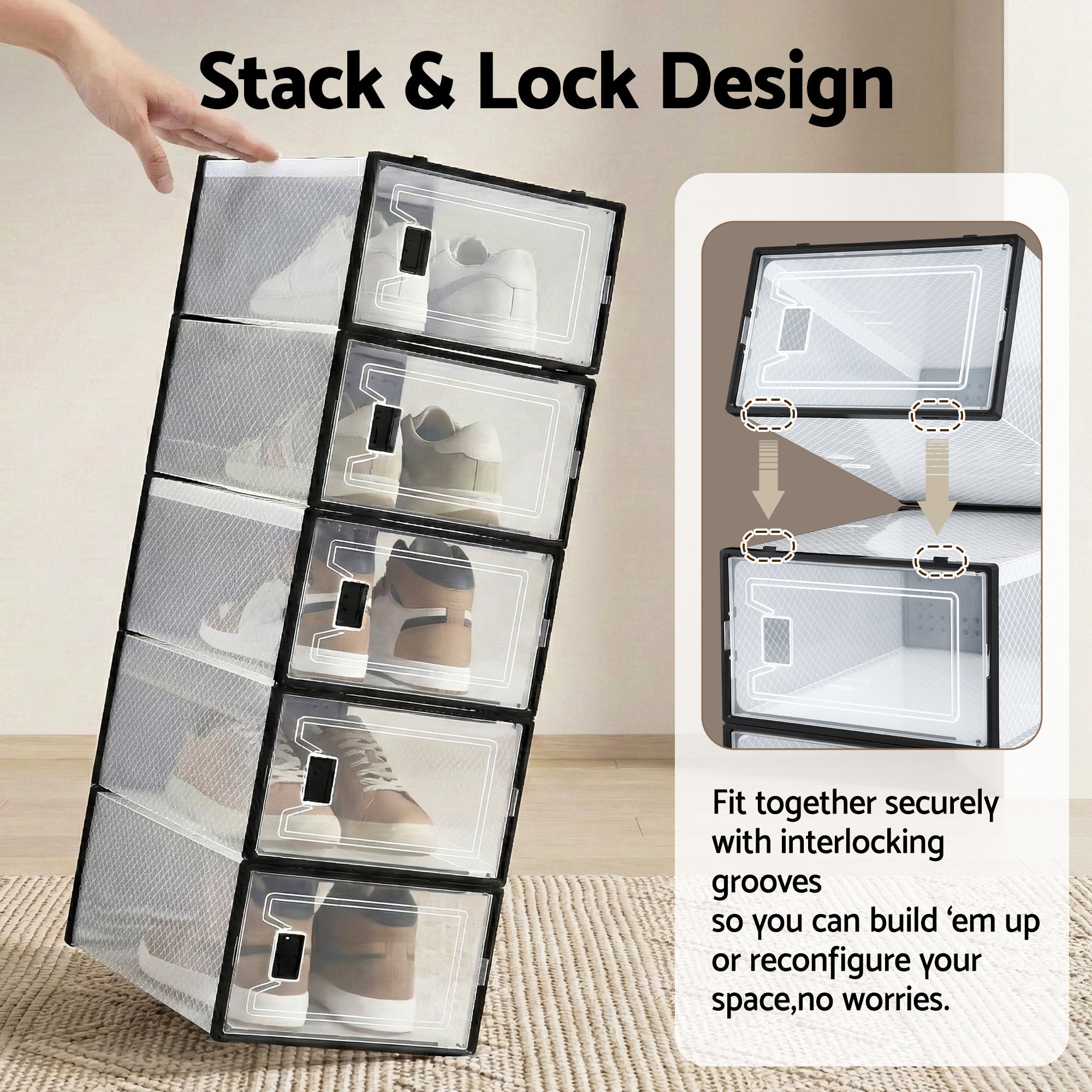 Stackable Shoe Storage Boxes Set of 12 Black Clear Organizers 23.5x32.5cm