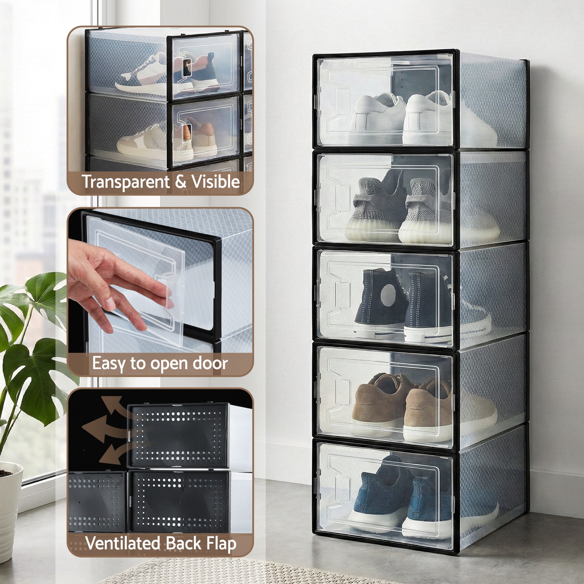 Stackable Shoe Storage Boxes Set of 12 Black Clear Organizers 23.5x32.5cm