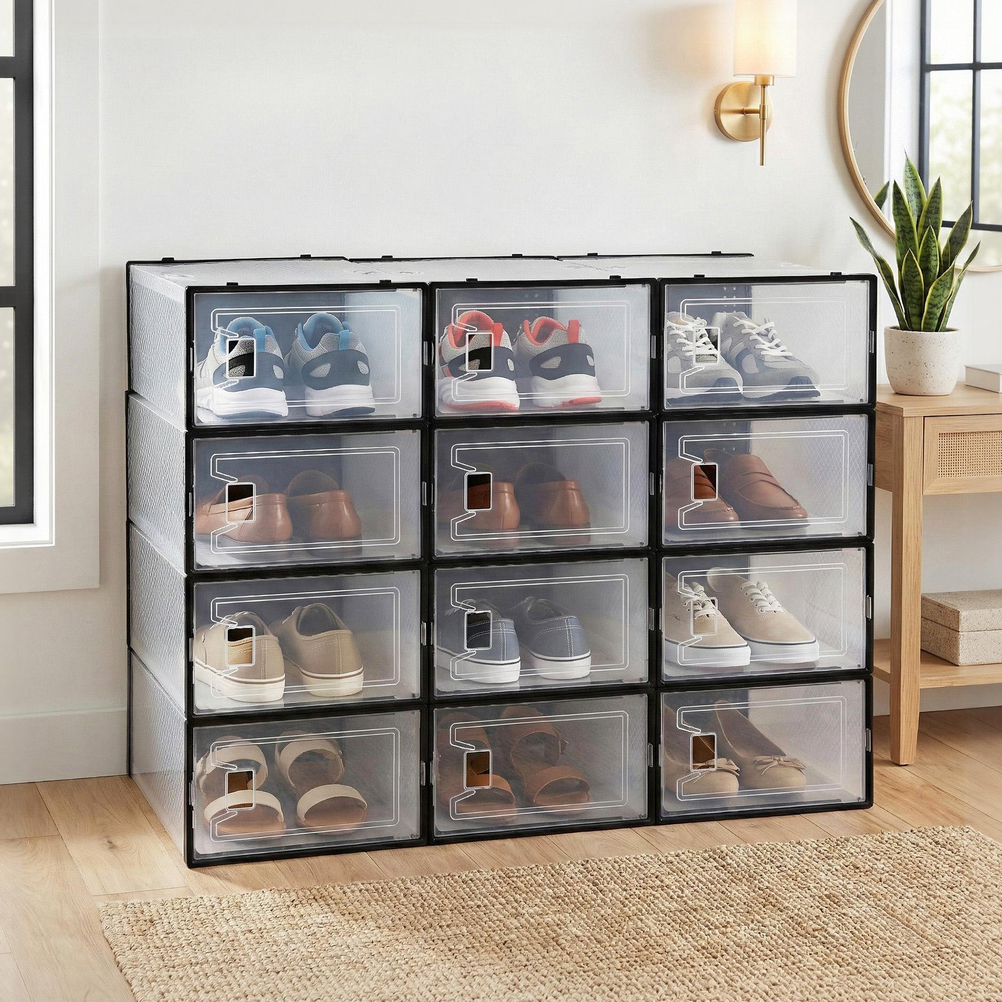 Stackable Shoe Storage Boxes Set of 12 Black Clear Organizers 23.5x32.5cm