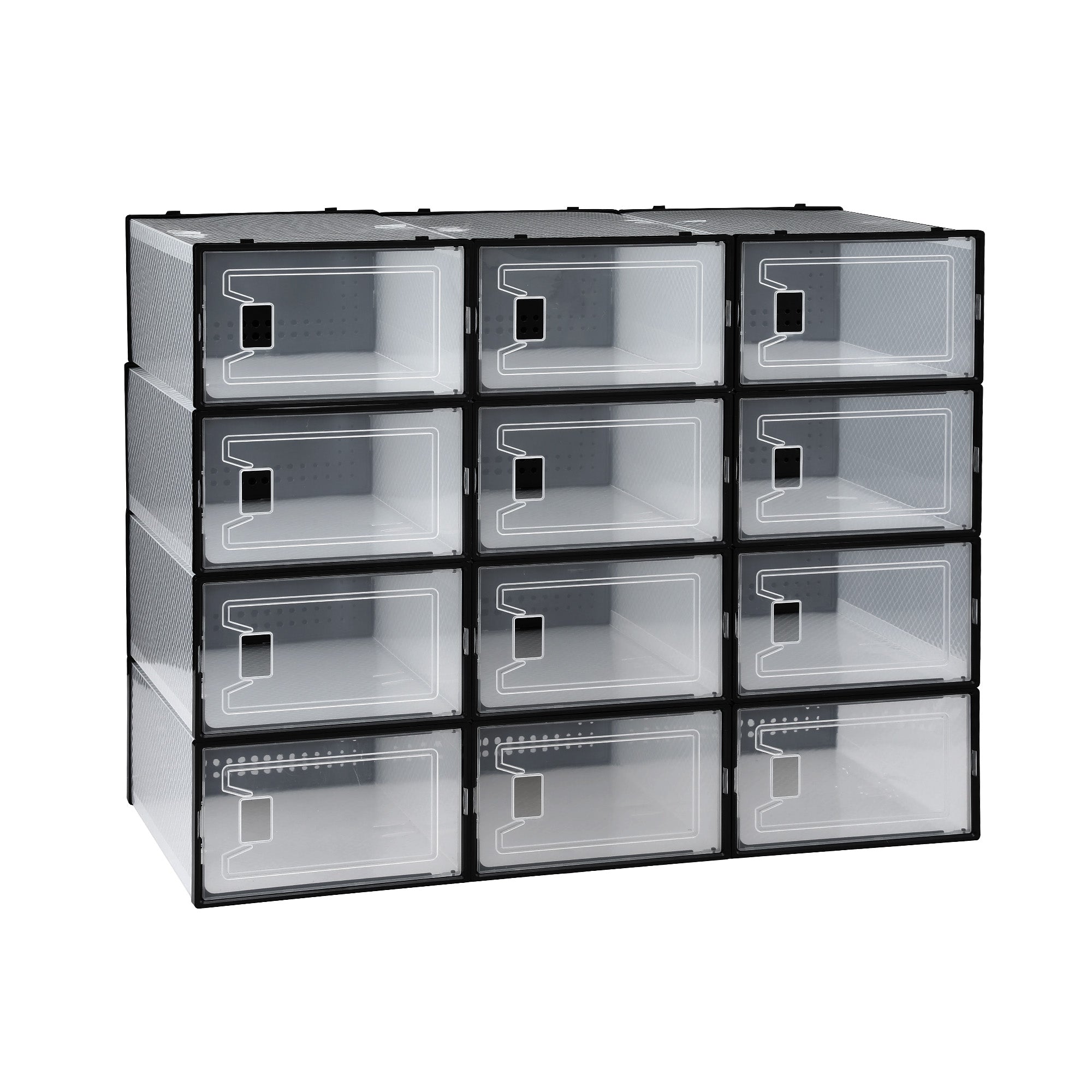 Stackable Shoe Storage Boxes Set of 12 Black Clear Organizers 23.5x32.5cm