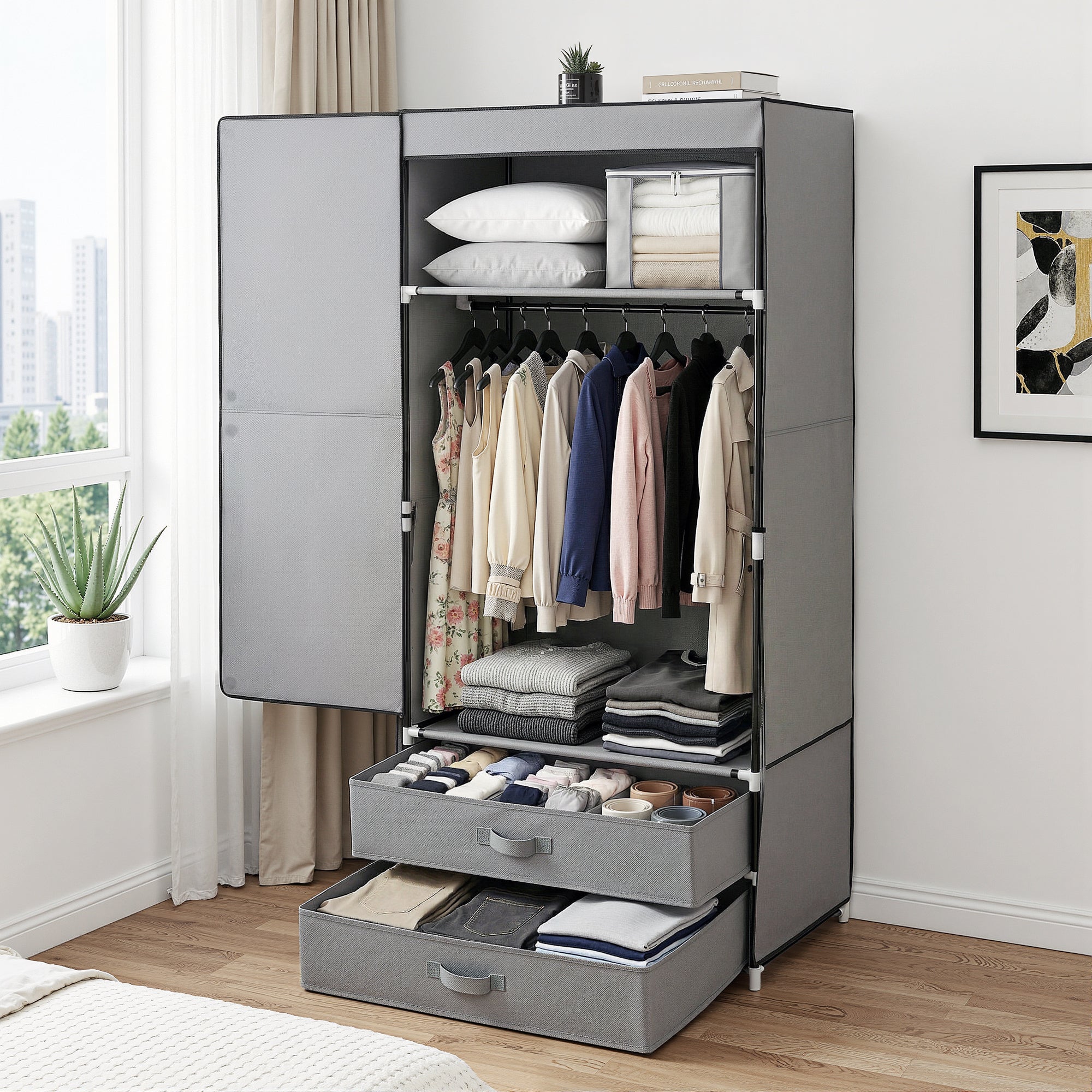 Large Grey Portable Wardrobe with Hanging Rods Drawers and Shoe Storage