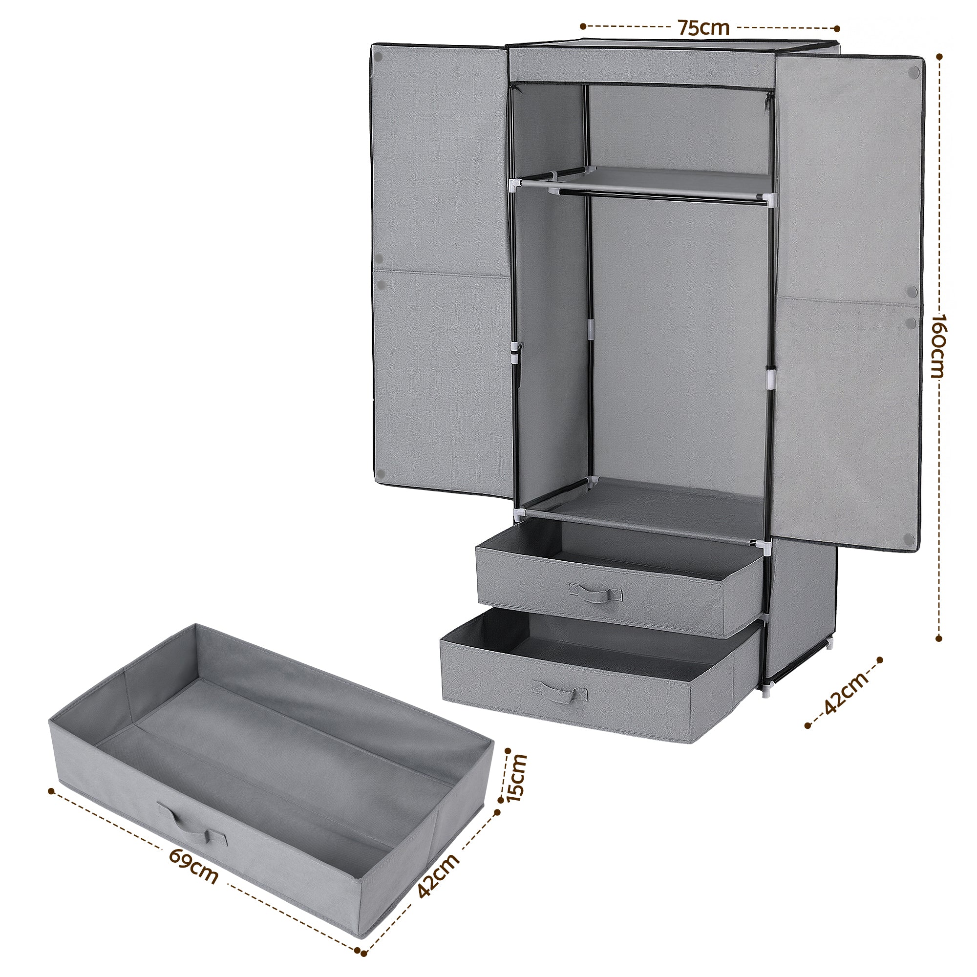 Large Grey Portable Wardrobe with Hanging Rods Drawers and Shoe Storage