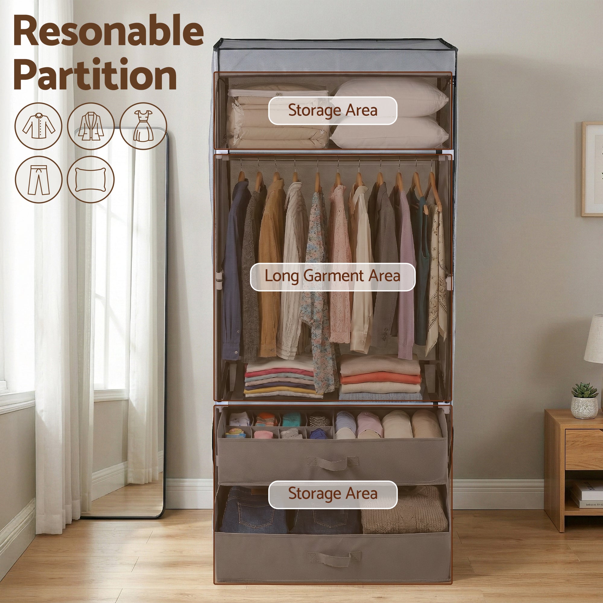Large Grey Portable Wardrobe with Hanging Rods Drawers and Shoe Storage