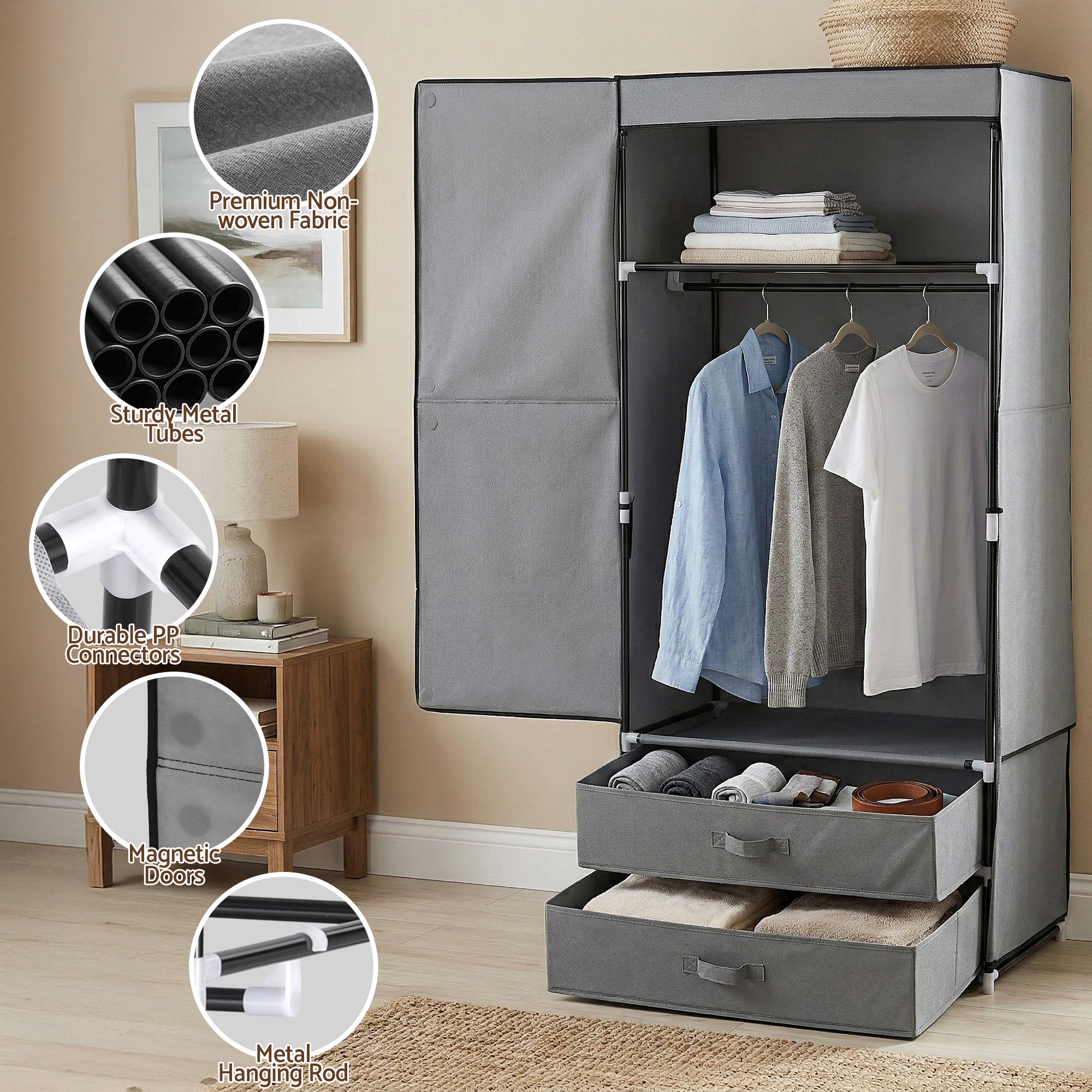 Large Grey Portable Wardrobe with Hanging Rods Drawers and Shoe Storage