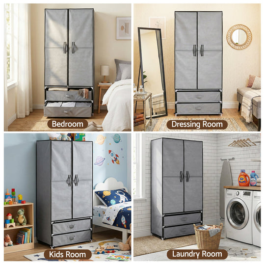 Large Grey Portable Wardrobe with Hanging Rods Drawers and Shoe Storage | Grey colour - photo 6