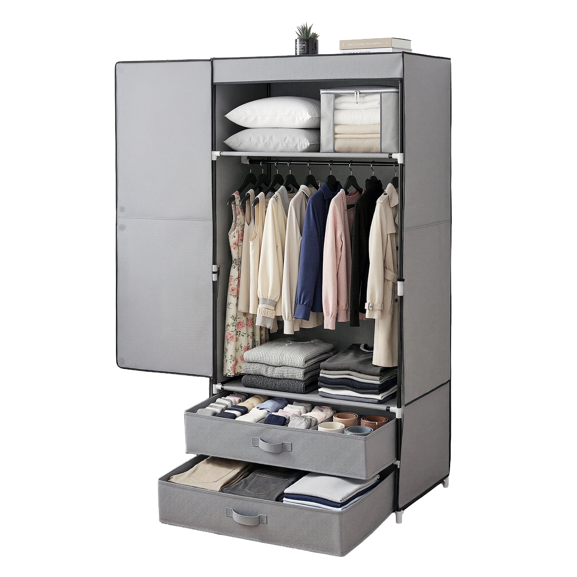 Large Grey Portable Wardrobe with Hanging Rods Drawers and Shoe Storage