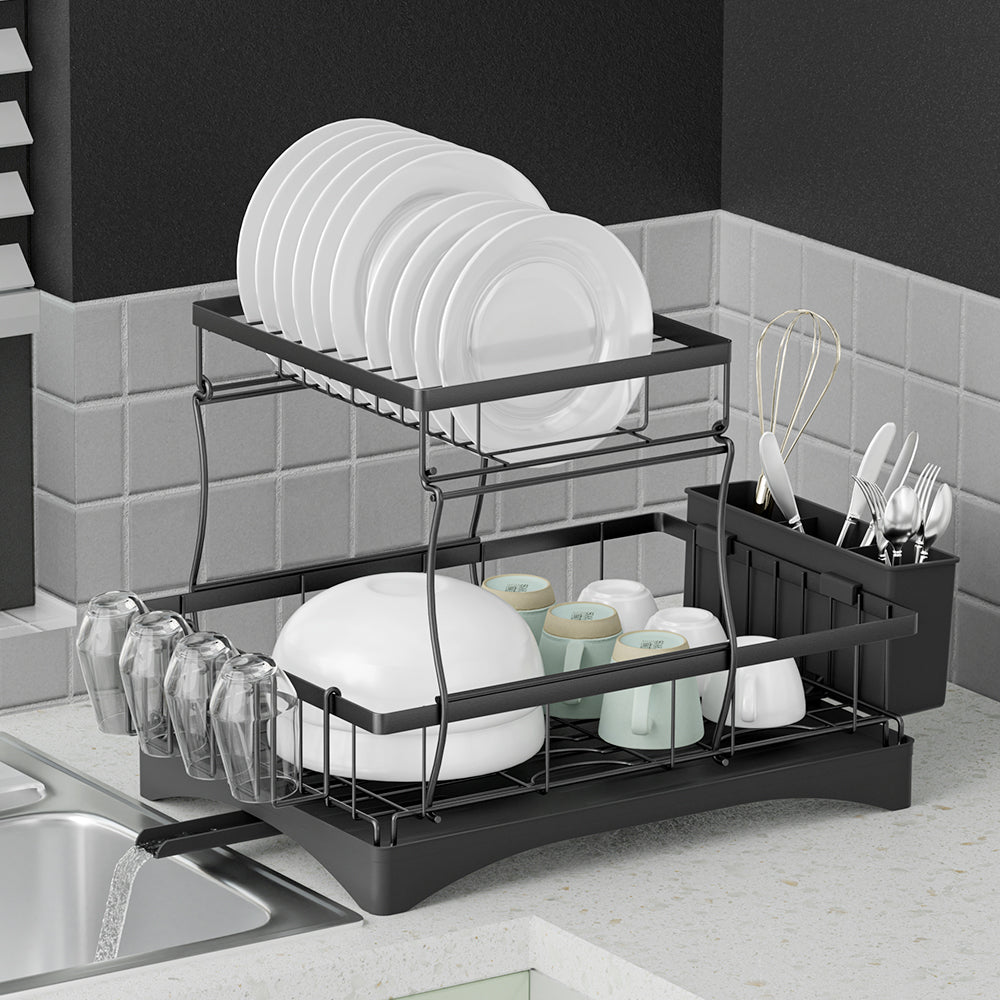 2-Tier Dish Rack Drying Drainer with Cup Holder and Cutlery Tray