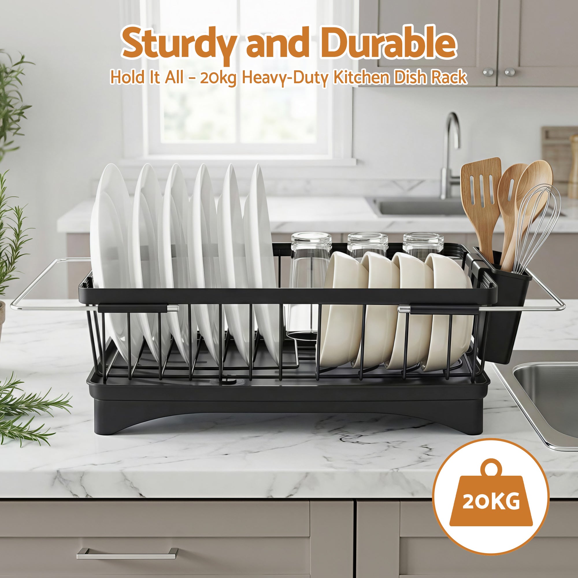 Premium Dish Drying Rack with 360° Drain Spout Kitchen Sink Organiser