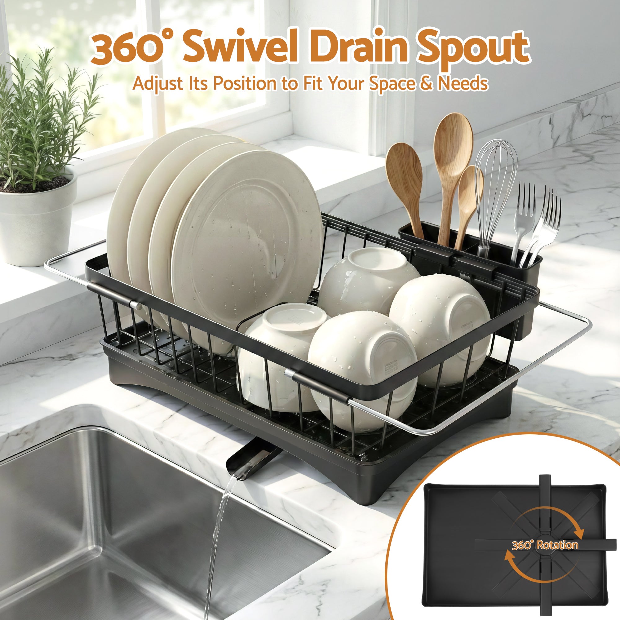 Premium Dish Drying Rack with 360° Drain Spout Kitchen Sink Organiser