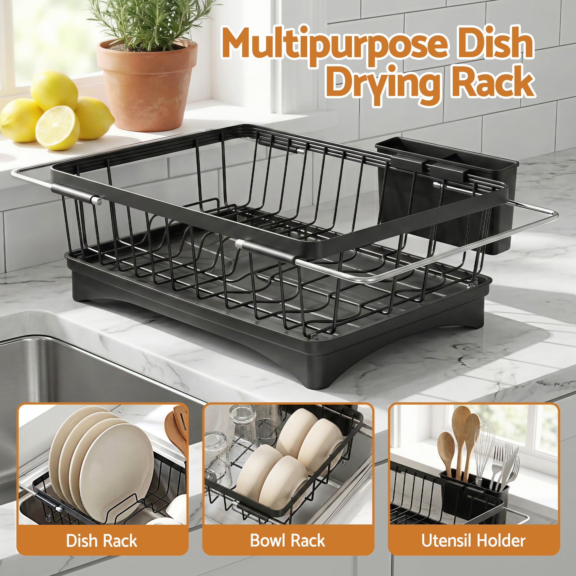 Premium Dish Drying Rack with 360° Drain Spout Kitchen Sink Organiser