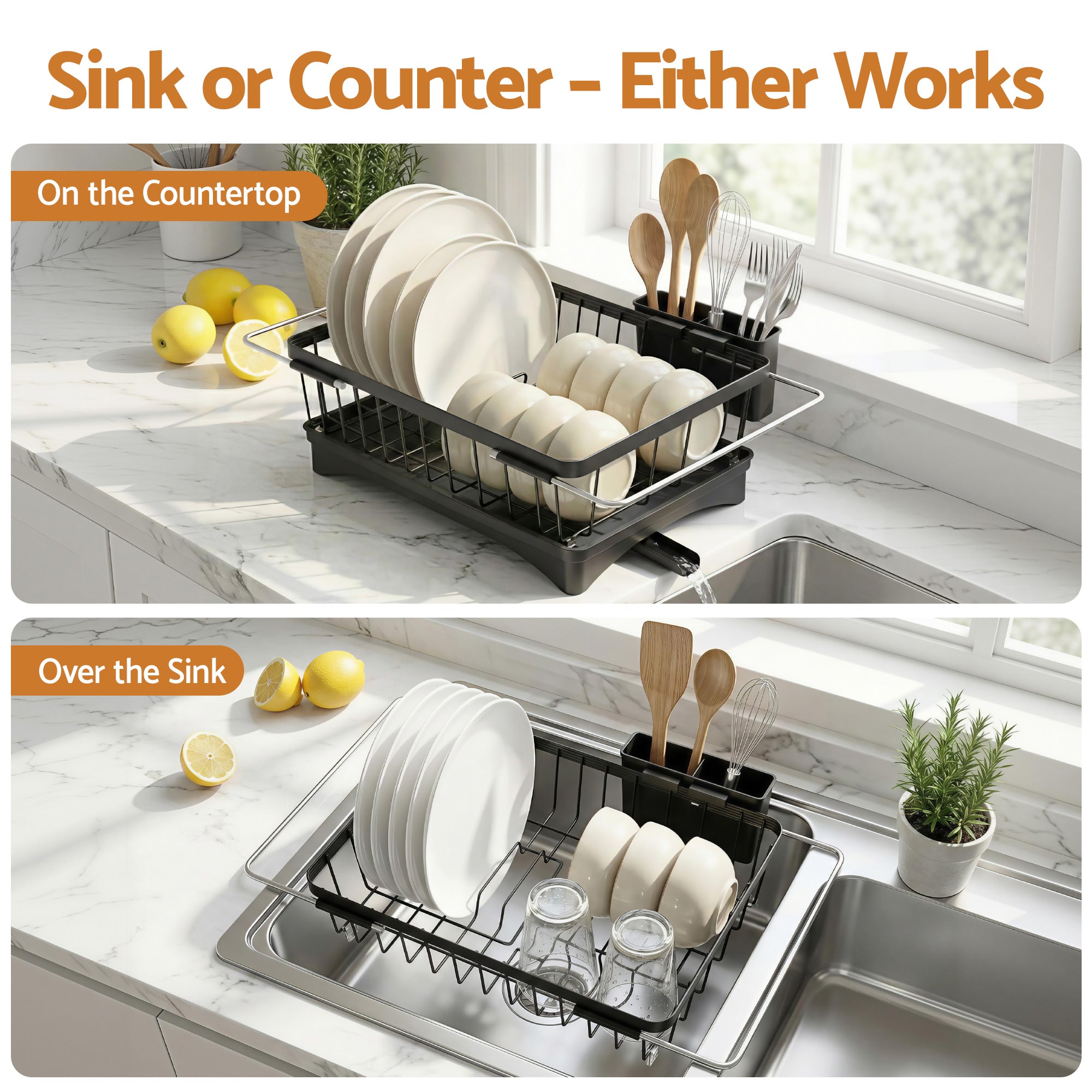 Premium Dish Drying Rack with 360° Drain Spout Kitchen Sink Organiser