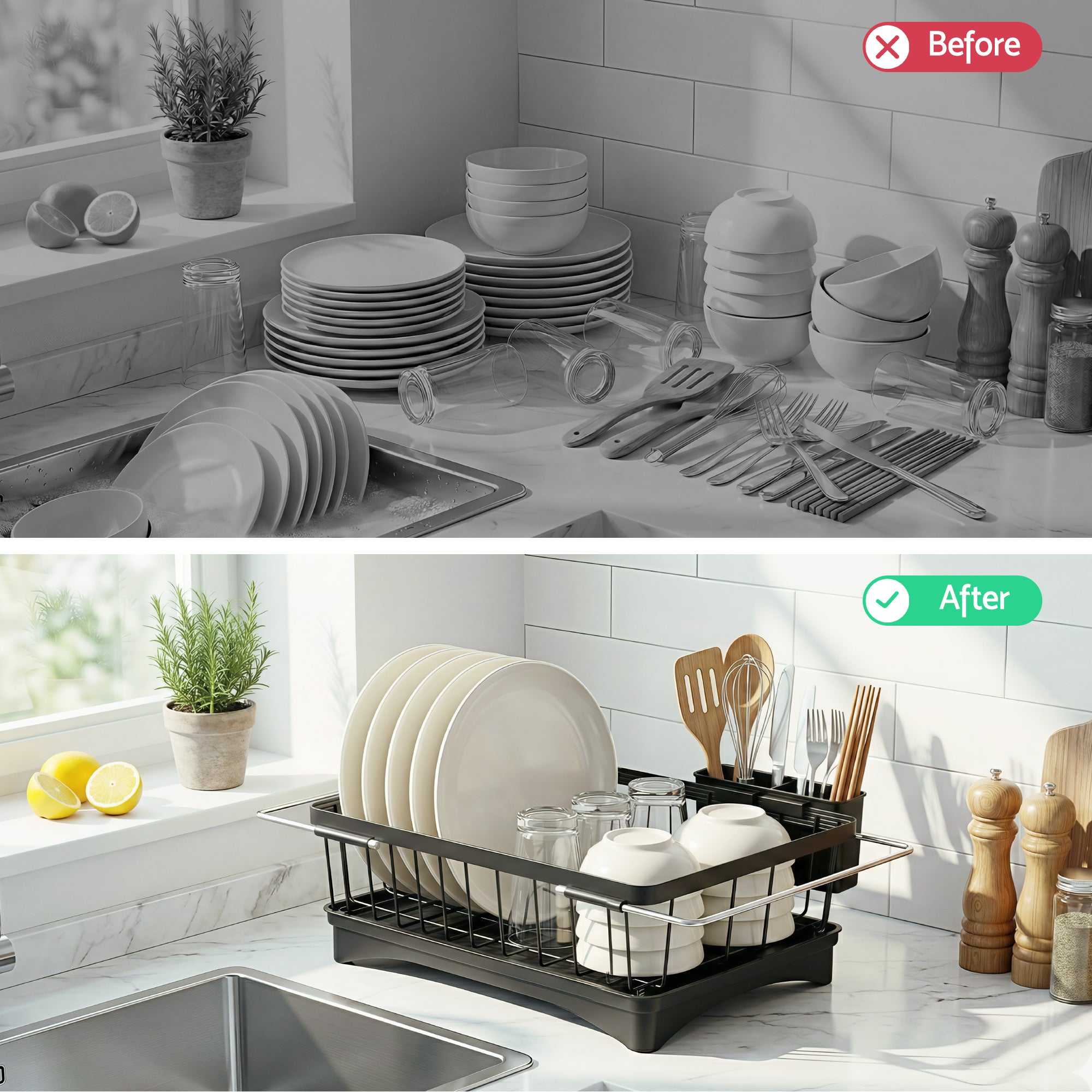 Premium Dish Drying Rack with 360° Drain Spout Kitchen Sink Organiser