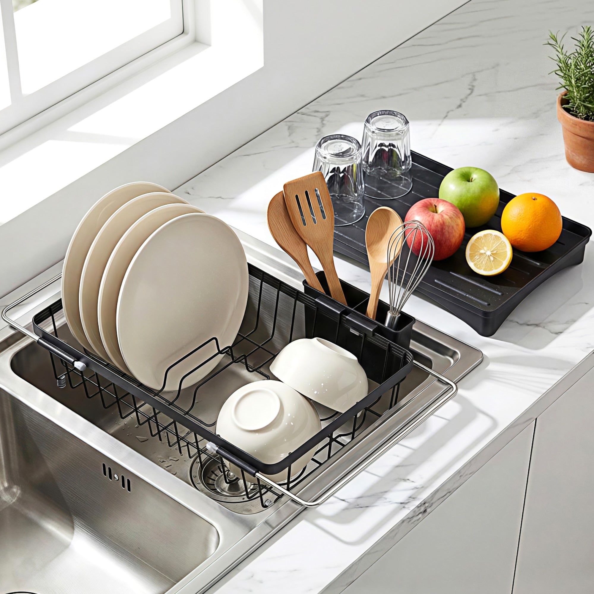 Premium Dish Drying Rack with 360° Drain Spout Kitchen Sink Organiser