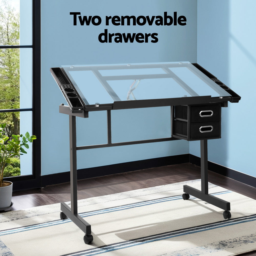 Drawing Desk Drafting Table Black Adjustable Glass Top Art Desk