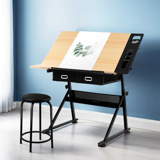 Drawing Desk Drafting Table with Artiss Tilt Stool Natural
