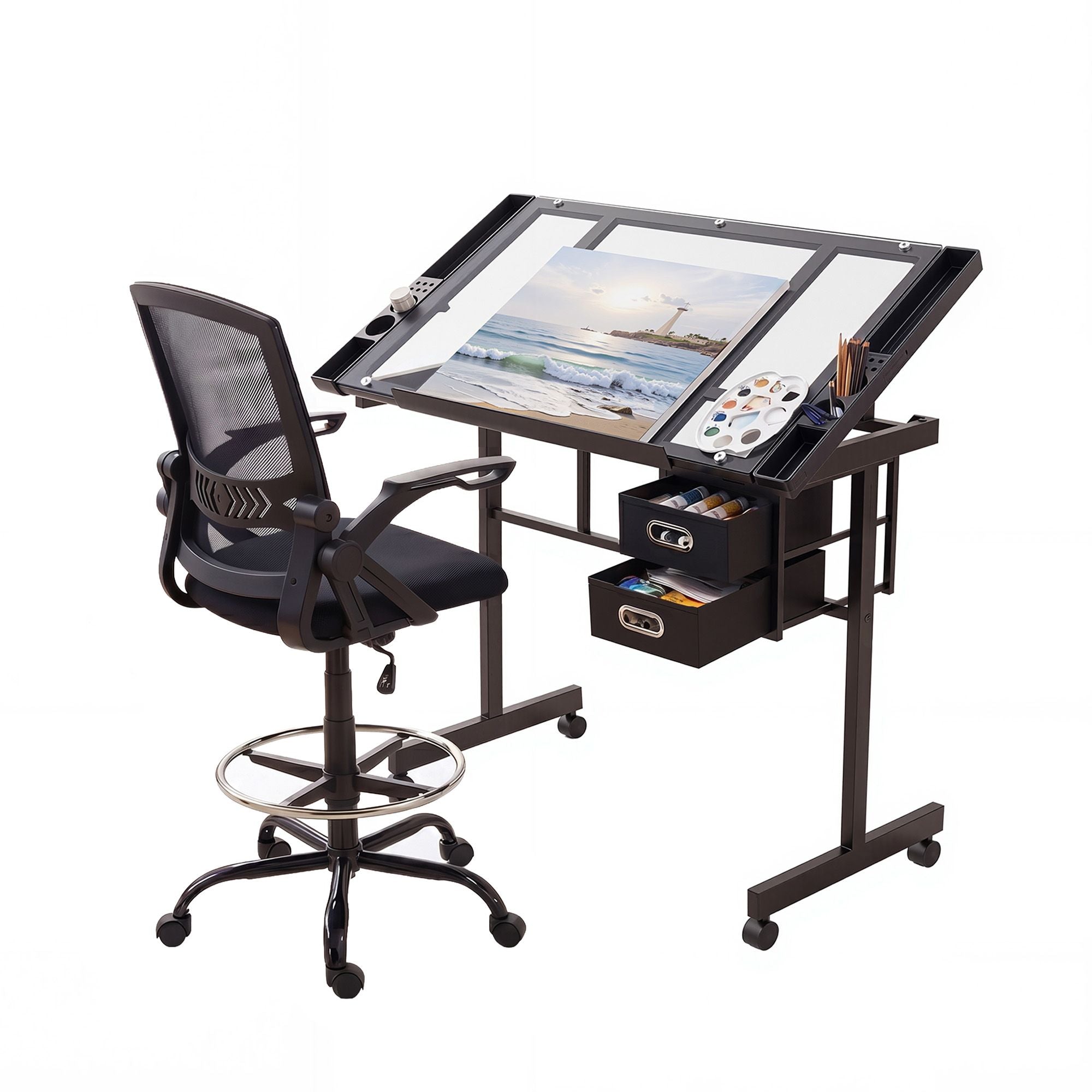 Drawing Table Drafting Chair Set Glass Top | Simpledeals