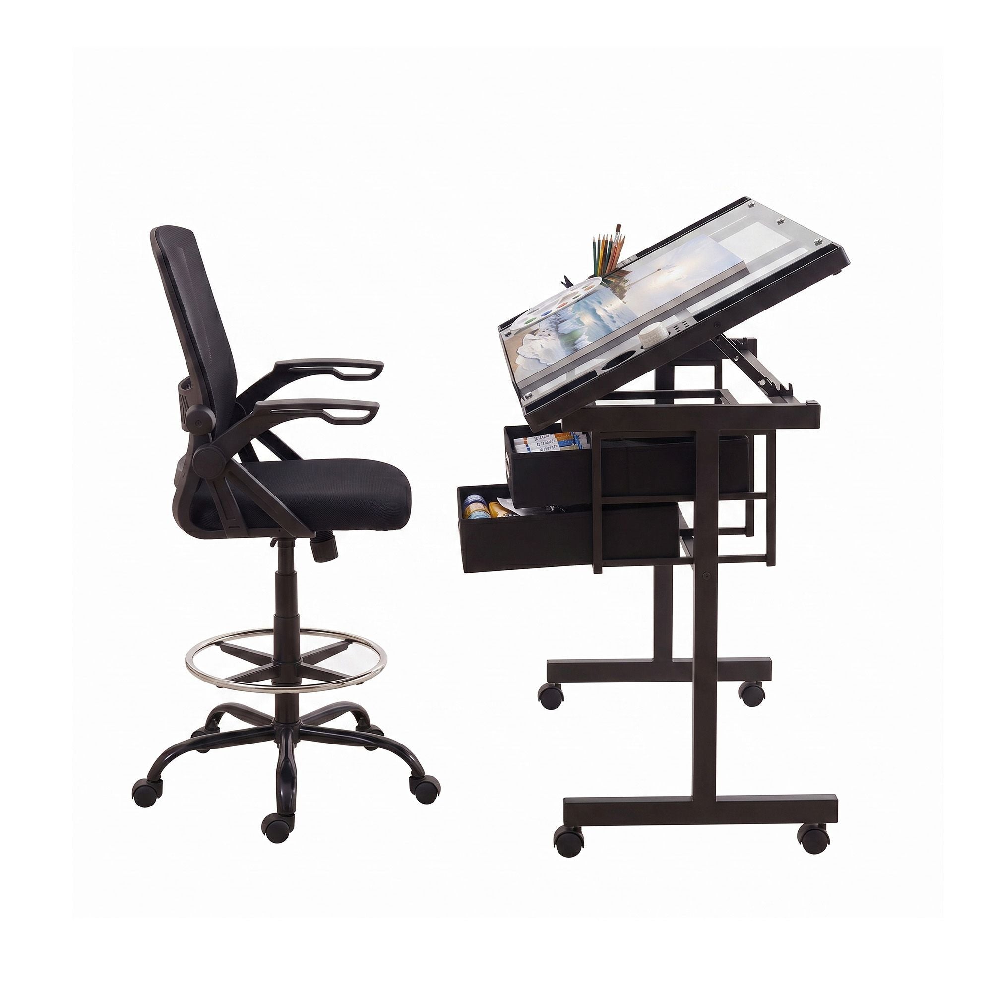 Drawing Table Drafting Chair Set Glass Top | Simpledeals