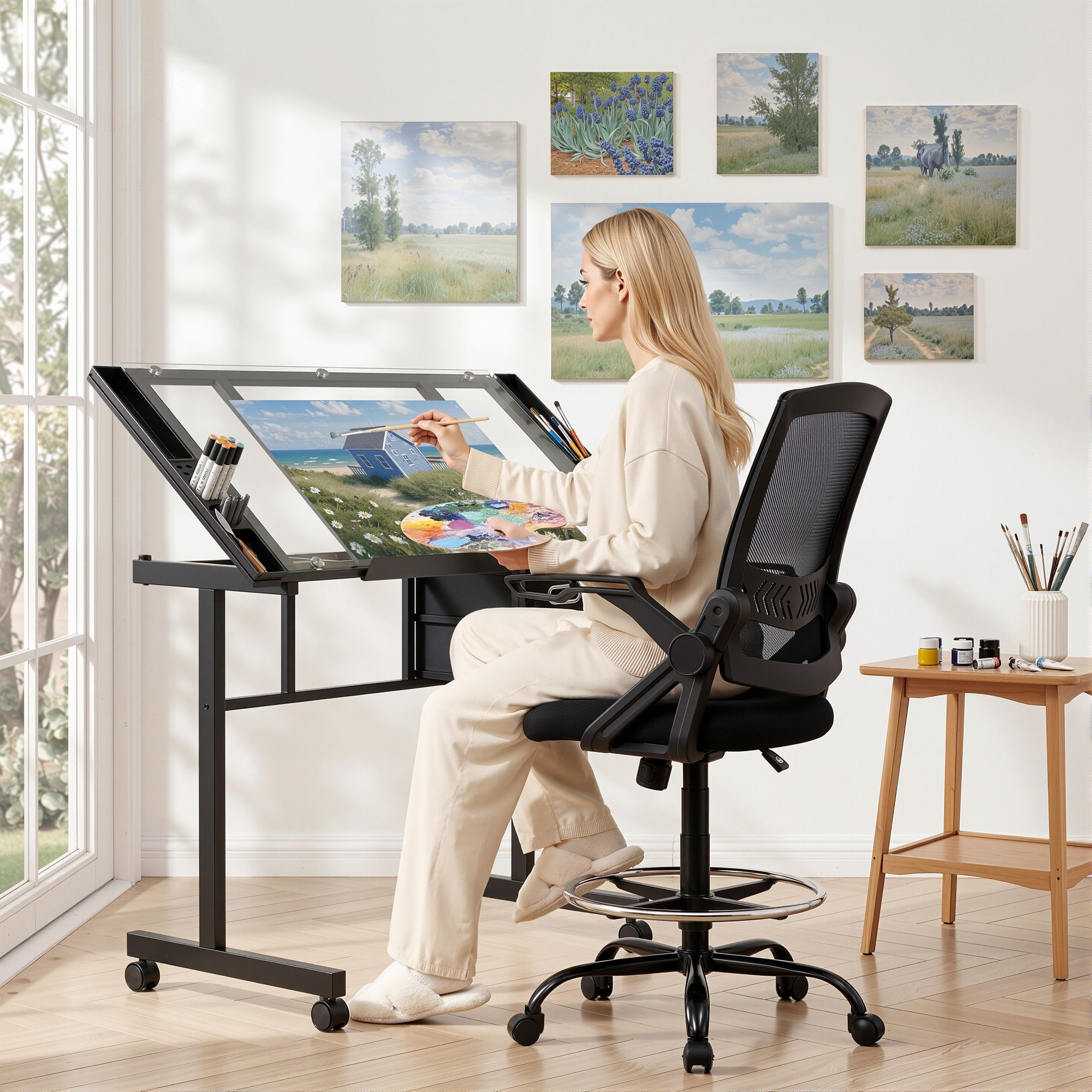 Drawing Table Drafting Chair Set Glass Top | Simpledeals