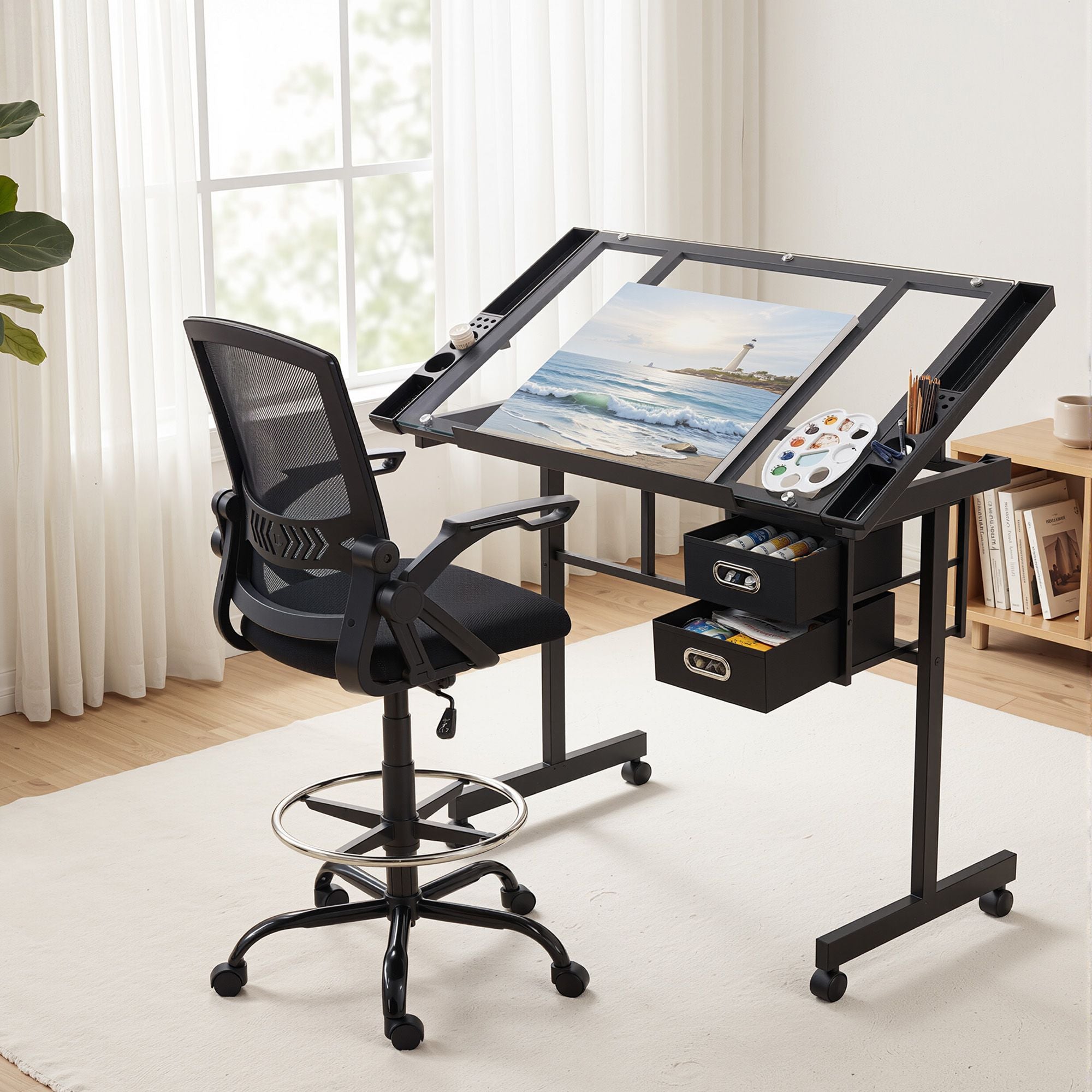 Drawing Table Drafting Chair Set Glass Top | Simpledeals