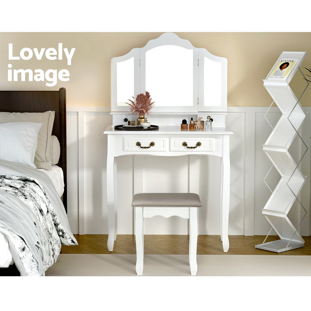 Dressing Table Stool Set Foldable Mirror White Vanity Makeup
