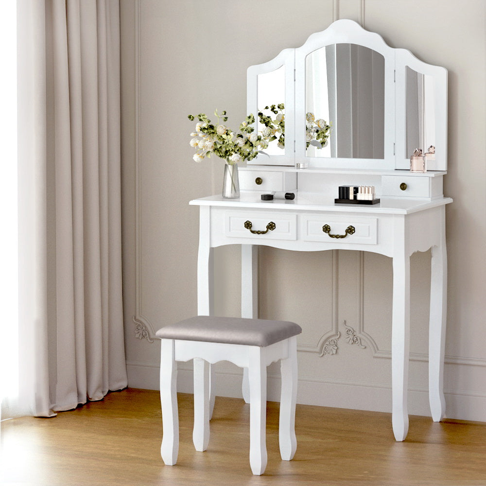 Dressing Table Stool Set Foldable Mirror White Vanity Makeup
