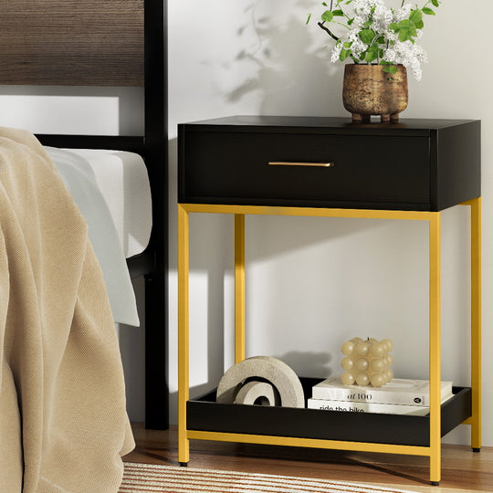 Black colour - Bedside Table Drawers Side Table Shelf Storage Nightstand Black MASON