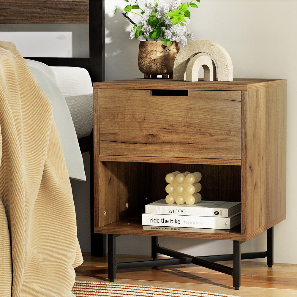 Bedside Table Drawers Storage Nightstand Rust Oak