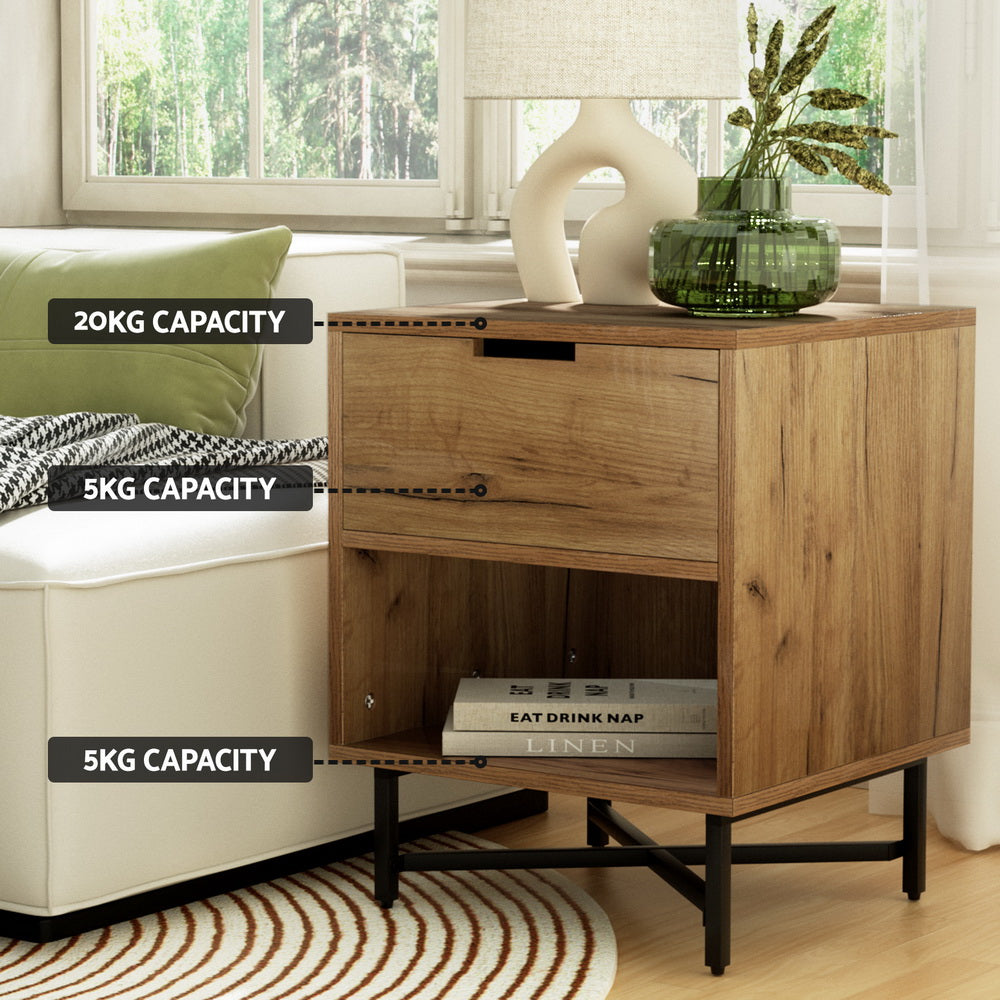 Bedside Table Drawers Side Table Shelf Storage Nightstand Rust Oak, Bookcases & Shelves